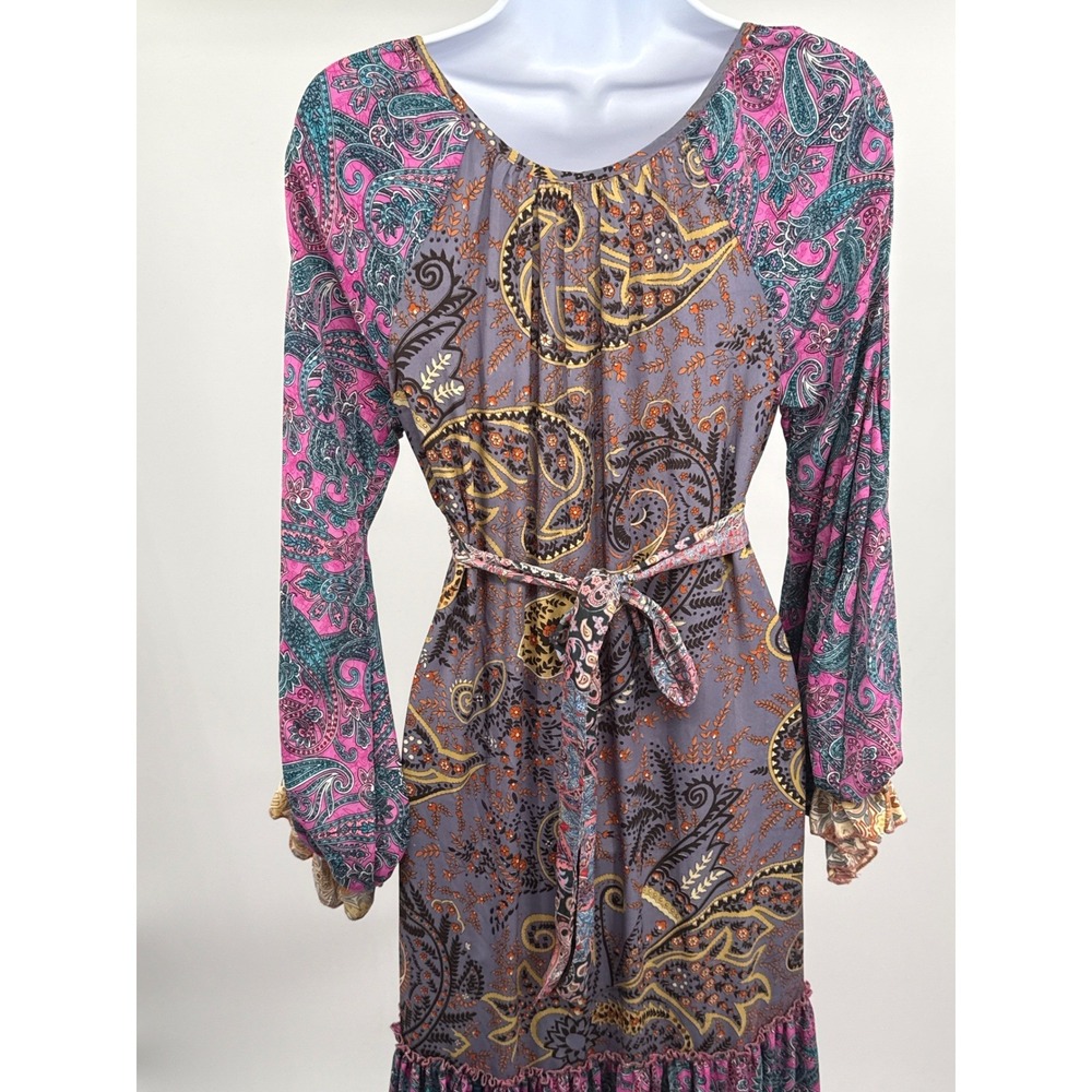 Boho Mixed Paisley Floral Tiered Maxi Dress Purple Pink Tassel Tie Waist Women - Picture 3 of 10